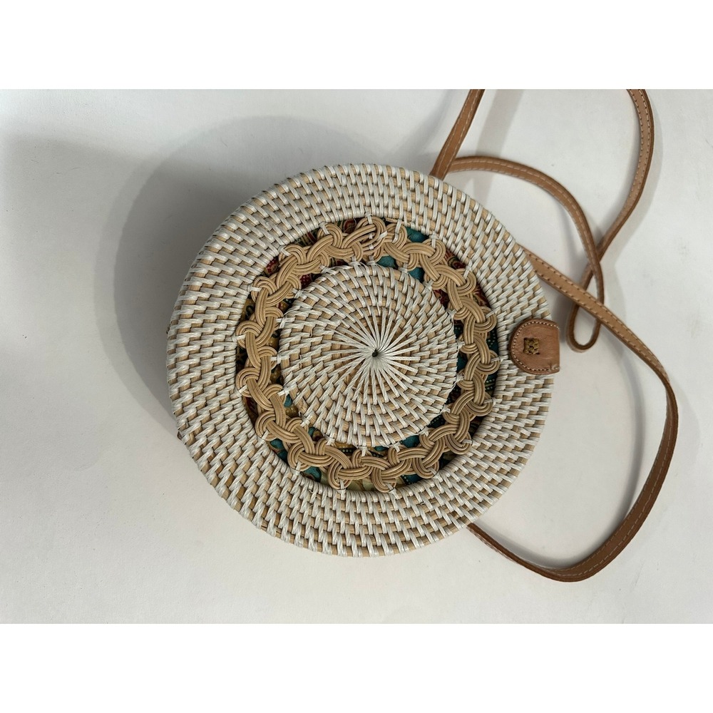 Amerii Boho Round Woven Rattan Crossbody Bag Batik Lining 8" Wicker Artisanal